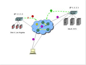 A diagram showing two sites, a Global Server Load Balancer GSLB method commonly known as "BGP Host Route Injection HRI", and BGP route convergence after a site failure.